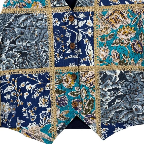Vtg Casey & Max Button Up Patchwork Vest Sz Large Beaded Cotton Floral Blue Gold - Picture 5 of 12
